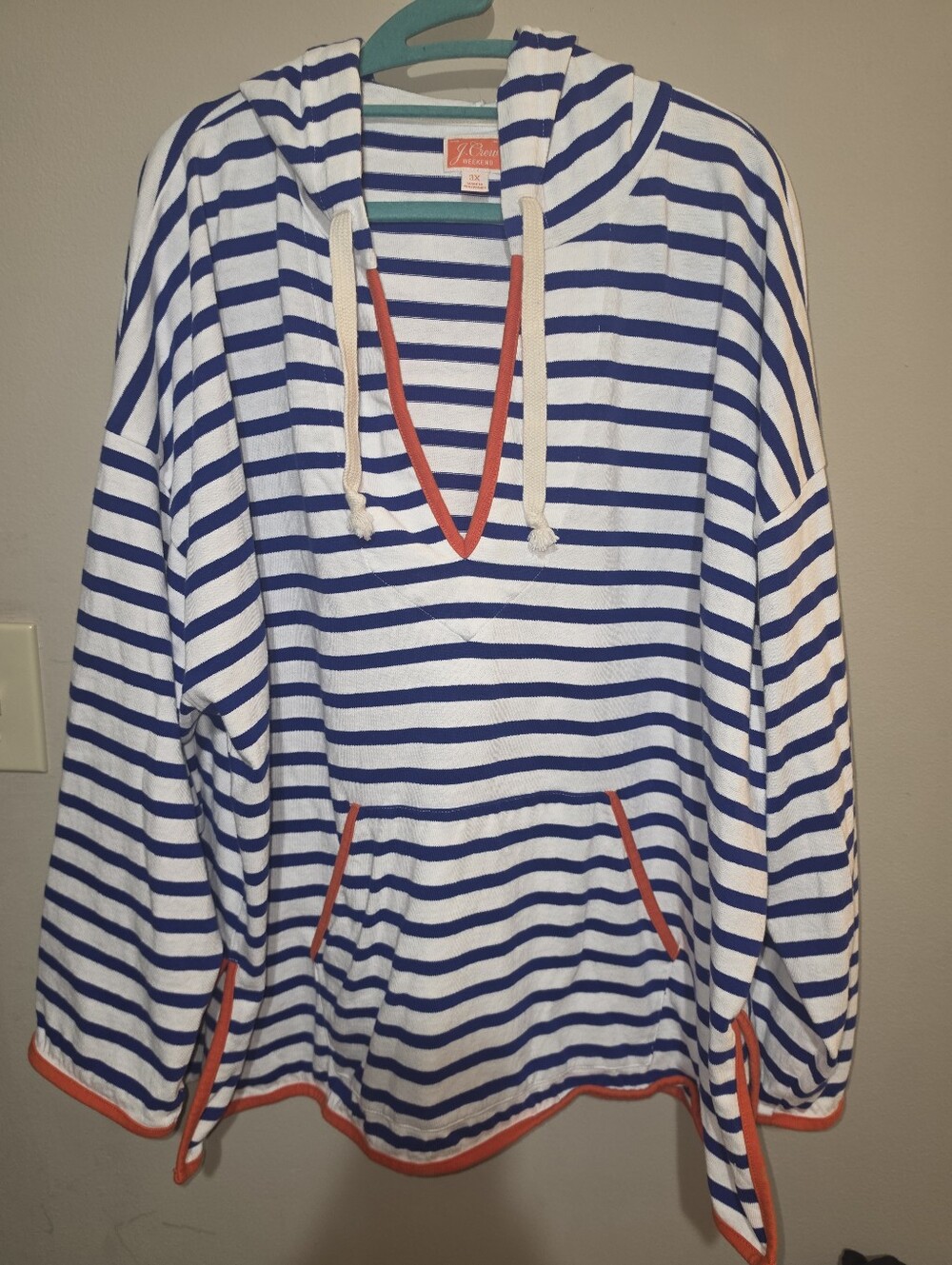J.Crew Weekend Striped Hoodie Top - Blue & White with Orange Trim 3X